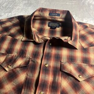 Pendleton Men's XXL Short Sleeve Western Plaid Shirt Orange Brown Frontier Snap